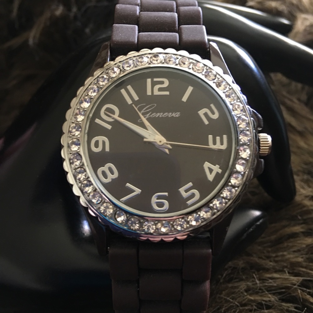 Ladies Geneva dark brown silicone band watch
